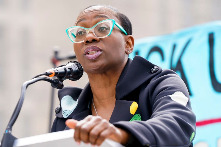 Former Ohio State Senator and current candidate Nina Turner speaks to supporters of The Debt Collective near the U.S. Department of Education as they demand full student debt cancellation on April 04, 2022 in Washington, DC. (Photo by Leigh Vogel/Getty Images for MoveOn & Debt Collective)