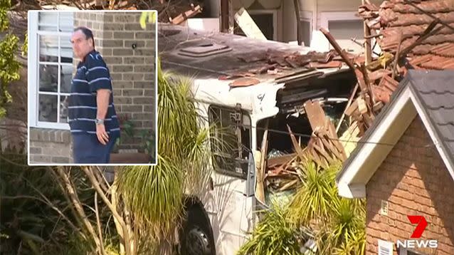 Philip Henson (inset) was allegedly behind the wheel of the bus that crashed into two homes. Source: 7 News