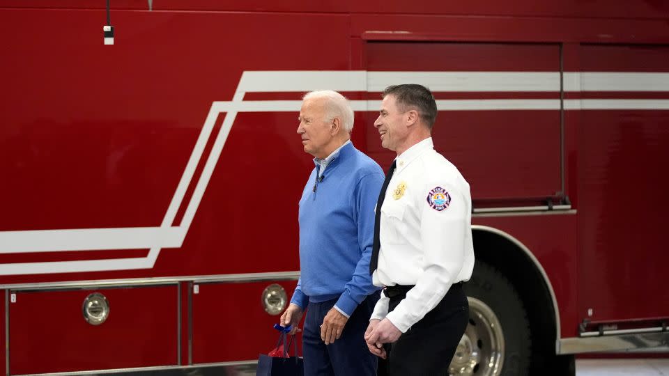 President Joe Biden arrives to visit with firefighters at the Superior Fire Department on Thursday in Superior. - Alex Brandon/AP