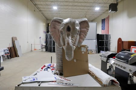 An elephant statue, the mascot of the Republican Party, stands in the back of local party office in Waukesha