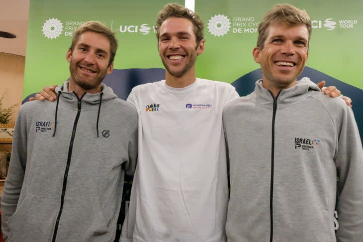 <span class="article__caption">Antoine Duchesne, center, joins local riders Hugo Houle and Guillaume Boivin at a press conference Thursday.</span> (Photo: GPCQM)