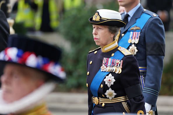 LONDON, ENGLAND - SEPTEMBER 19: Princess Anne, Princess Royal takes part in the state funeral of Queen Elizabeth II at Westminster Abbey on September 19, 2022 in London, England. Members of the public are able to pay respects to Her Majesty Queen Elizabeth II for 23 hours a day from 17:00 on September 18, 2022 until 06:30 on September 19, 2022. Queen Elizabeth II died at Balmoral Castle in Scotland on September 8, 2022, and is succeeded by her eldest son, King Charles III. (Photo by James Manning- WPA Pool/Getty Images)