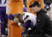 <p>Minnesota Vikings’ Case Keenum reacts on the bench during the second half of the NFL football NFC championship game against the Philadelphia Eagles Sunday, Jan. 21, 2018, in Philadelphia. (AP Photo/Matt Slocum) </p>