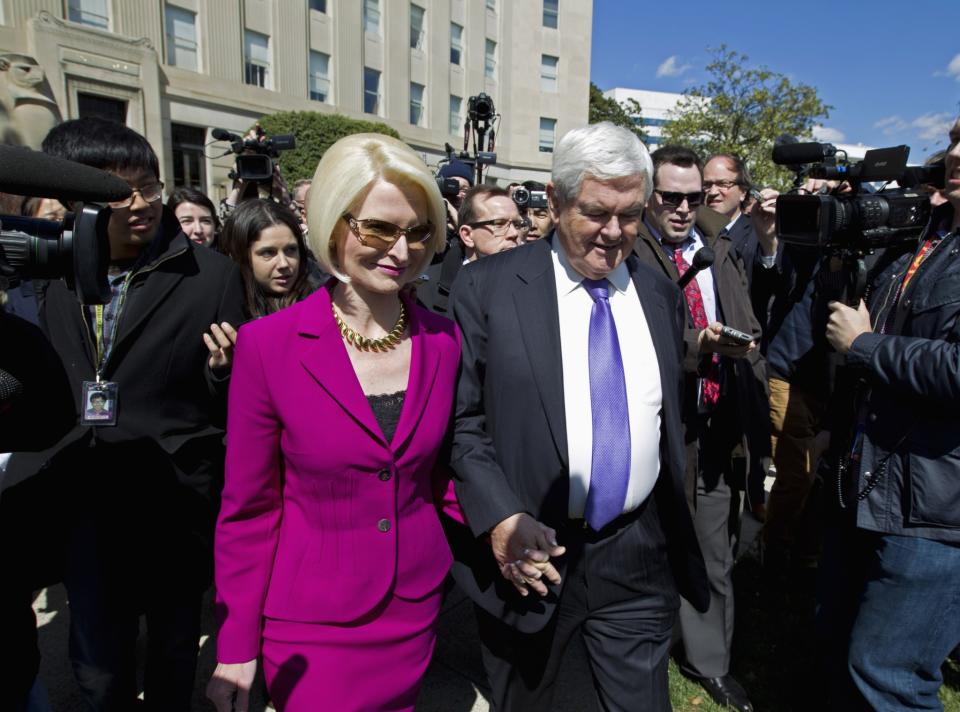 Former House Speaker Newt Gingrich and his wife Callista leaves a closed-door meeting with Republican presidential candidate Donald Trump in Washington on March 21, 2016. (Photo: Jose Luis Magana/AP)