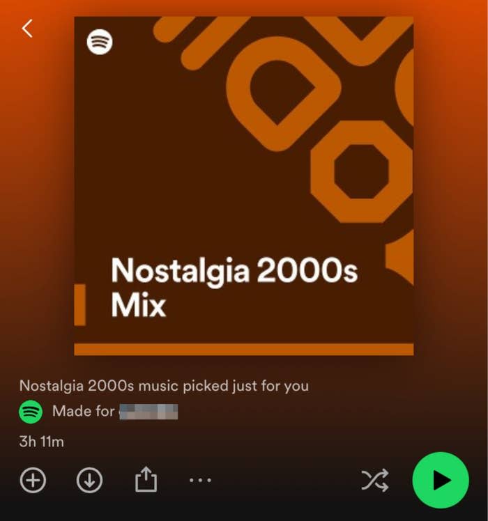 Spotify's "Nostalgia 2000s Mix" playlist screen with user's personalized selection