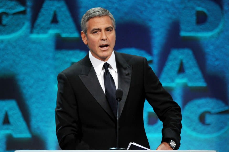 Actor George Clooney speaks onstage during the 64th Annual Directors Guild Of America Awards held at the Grand Ballroom at Hollywood & Highland on January 28, 2012 in Hollywood, California. Source: Getty