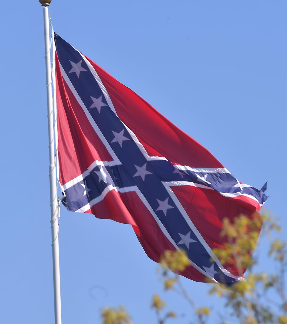 A Confederate flag is still flying on the morning of April 15, 2024 near Interstate 85 at the exit 78 which is the Hwy 221 Chesnee exit in Spartanburg County.