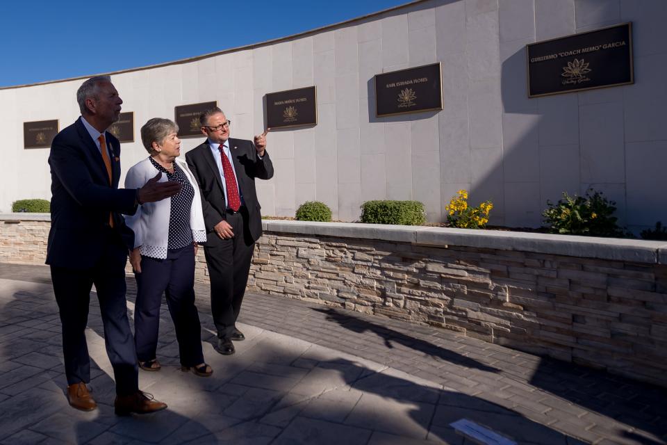 County Judge Ricardo Samaniego and Consul General of Mexico in El Paso Mauricio Ibarra Ponce de Leon show Mexican Foreign Secretary Alicia Barcena Ibarra around the El Paso Healing Garden in Ascarate Park on Wednesday, April 17, 2024.