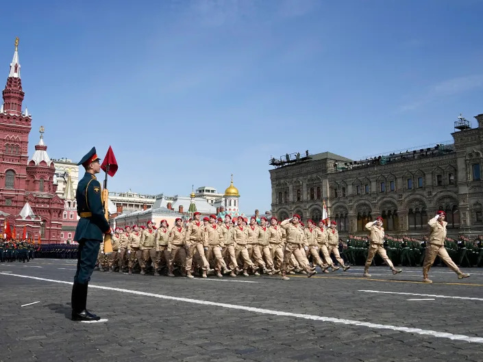 Members of Yunarmia (Young Army), an organization sponsored by the Russian military that aims to encourage patriotism among the Russian youth march in Red Square during a dress rehearsal for the Victory Day military parade in Moscow, Russia, Saturday, May 7, 2022