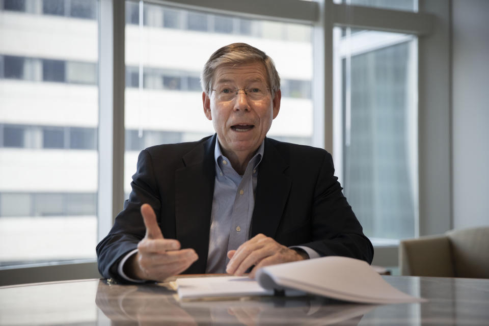 Former Rep. Bill McCollum, R-Fla., now a partner at Dentons, a multinational law firm in Washington, Wednesday, Oct. 2, 2019. McCollum was one of the 14 House impeachment "managers" who presented the case against President Clinton to the Senate in 1998. (AP Photo/Pablo Martinez Monsivais)