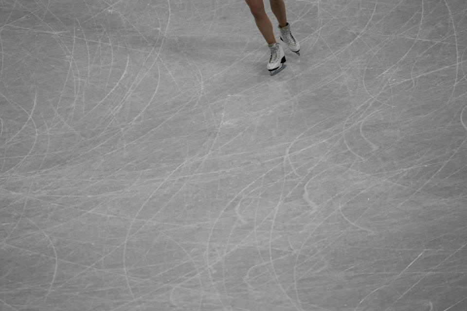 Misato Komatsubara of Japan performs her routine during a practice session for the ice dance figure skating competition at the 2022 Winter Olympics, Thursday, Feb. 3, 2022, in Beijing. (AP Photo/Natacha Pisarenko)