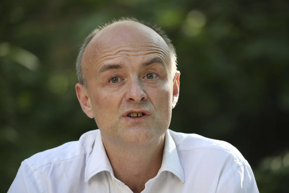 Dominic Cummings, senior aide to Prime Minister Boris Johnson, makes a statement inside 10 Downing Street, London, Monday May 25, 2020, over allegations he breached coronavirus lockdown restrictions. In an exceptionally rare televised statement, Cummings gave a detailed account of his movements in late March and early April, which have caused an intense political storm. (Jonathan Brady/Pool via AP)