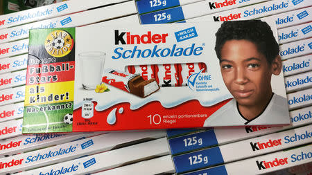 The image of German soccer player Jerome Boateng is printed on a Ferrero chocolate bar box in Berlin, Germany, May 25, 2016. REUTERS/Hannibal Hanschke