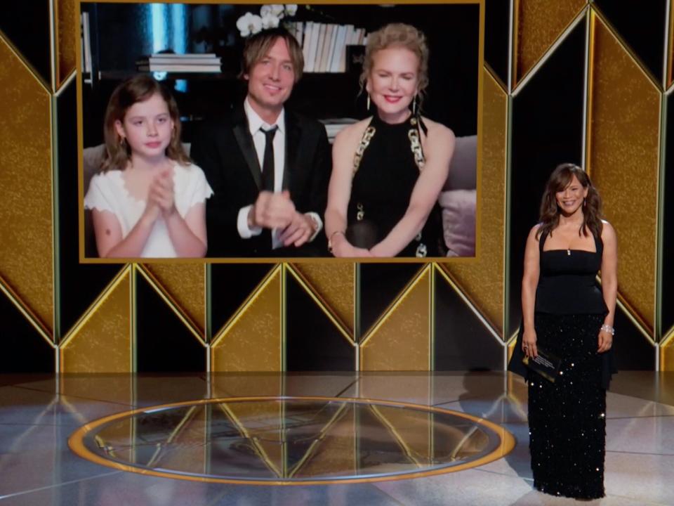 Margaret Kidman-Urban, Keith Urban, Nicole Kidman, and Rosie Perez speak during at the 78th Annual Golden Globe Awards broadcast on February 28, 2021