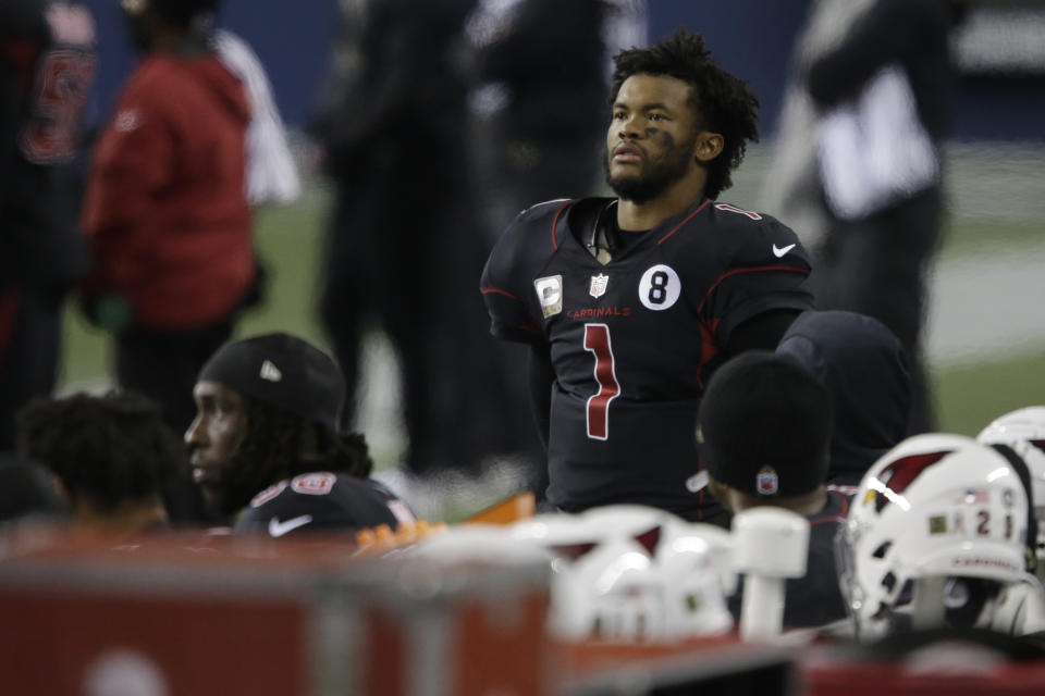 Arizona Cardinals quarterback Kyler Murray (1) watches from the sideline during the second half of an NFL football game against the Seattle Seahawks, Thursday, Nov. 19, 2020, in Seattle. (AP Photo/Lindsey Wasson)