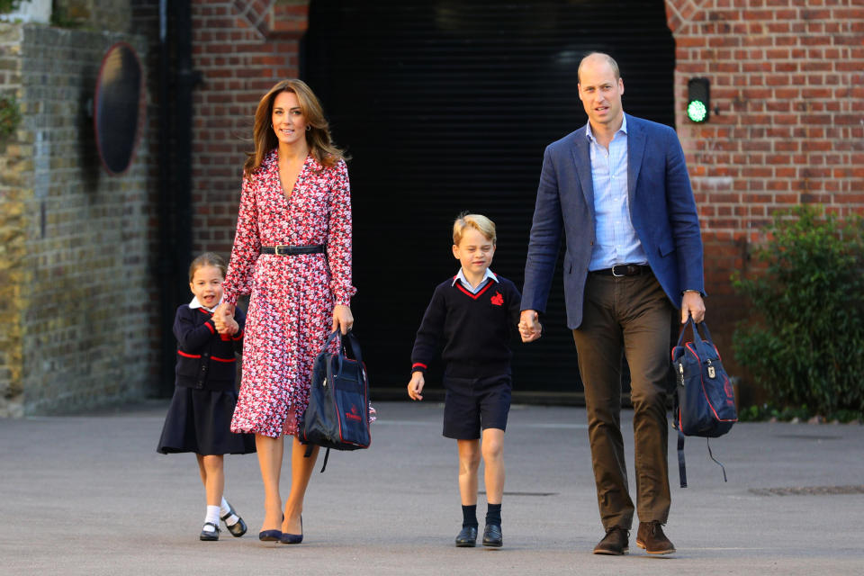 LONDON, UNITED KINGDOM - SEPTEMBER 5: Princess Charlotte, with by her father, the Duke of Cambridge, and mother, the Duchess of Cambridge and Prince George, arriving for her first day of school at Thomas's Battersea in London on September 5, 2019 in London, England. (Photo by Aaron Chown - WPA Pool/Getty Images)