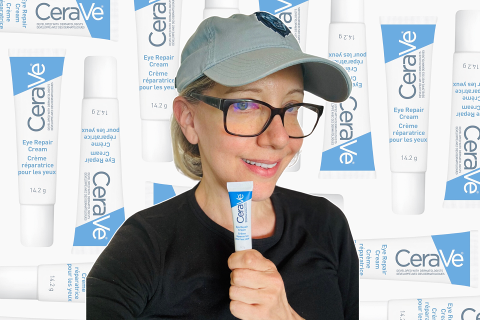 woman on background of cerave eye cream, woman wearing baseball cap and black shirt holding  CeraVe EYE CREAM with Hyaluronic Acid for Under Eye Dark circles & Puffiness, Ophthalmologist Tested for Sensitive Eye Area, Fragrance Free, 14.2 Grams, I've used CeraVe’s Eye Repair Cream for several months — here's my honest review (Photos via Sarah DiMuro and Amazon).