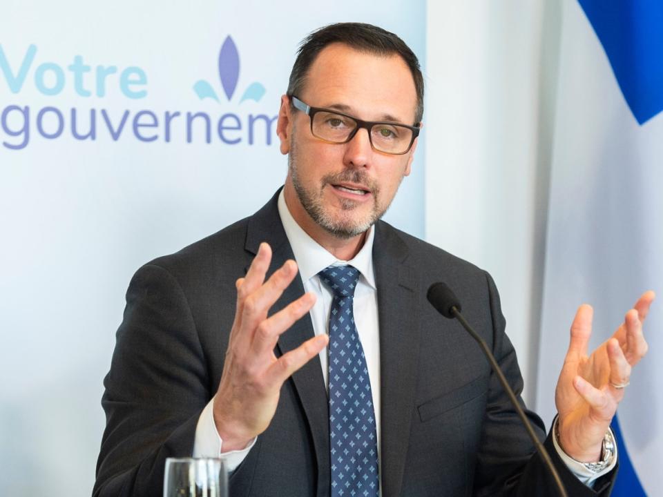 Quebec Education Minister Jean-François Roberge speaks during a news conference in Montreal, Sunday, October 24, 2021, where he outlined plans to replace a class on religious culture and ethics. (Graham Hughes/The Canadian Press - image credit)