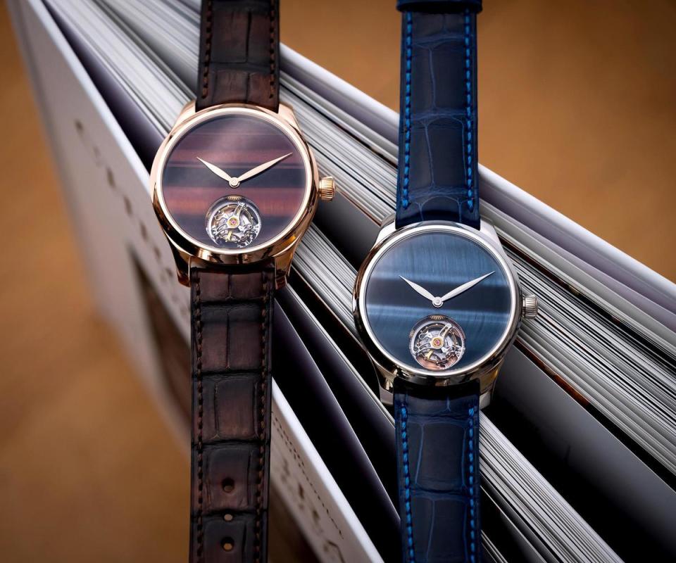 今年採用虎眼石製作的兩款勇創者陀飛輪概念腕錶。