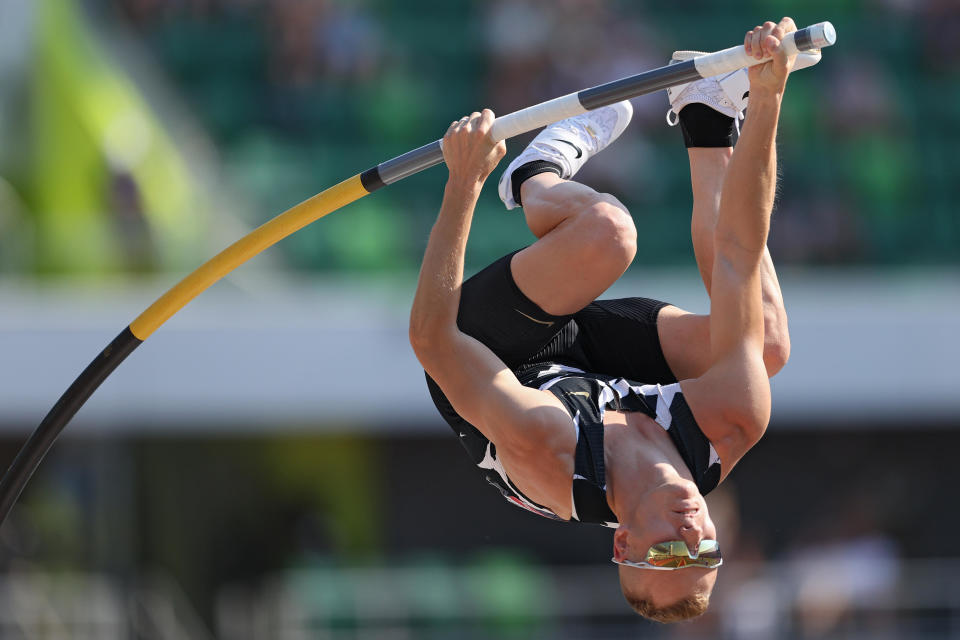 Sam Kendricks competes in the Men's Pole Vault Final during day four of the 2020 U.S. Olympic Track & Field Team Trials at Hayward Field on June 21, 2021 in Eugene, Oregon. / Credit: / Getty Images