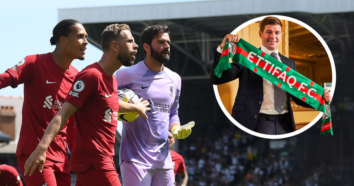  Liverpool stars Jordan Henderson, Alisson and Virgil van Dijk confront referee Andy Madley for awarding Fulham a penalty during the Premier League match between Fulham FC and Liverpool FC at Craven Cottage on August 06, 2022 in London, England.  