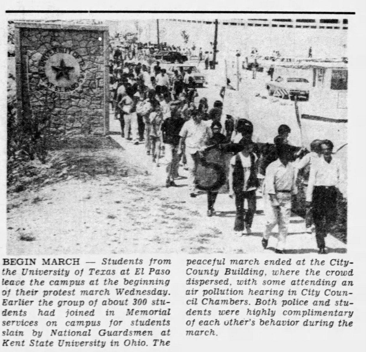 May 7, 1970: Students from the University of Texas at El Paso leave the campus at the beginning of their protest march. Earlier the group of about 300 students had joined in memorial services for students slain by National Guardsmen at Kent State University in Ohio.