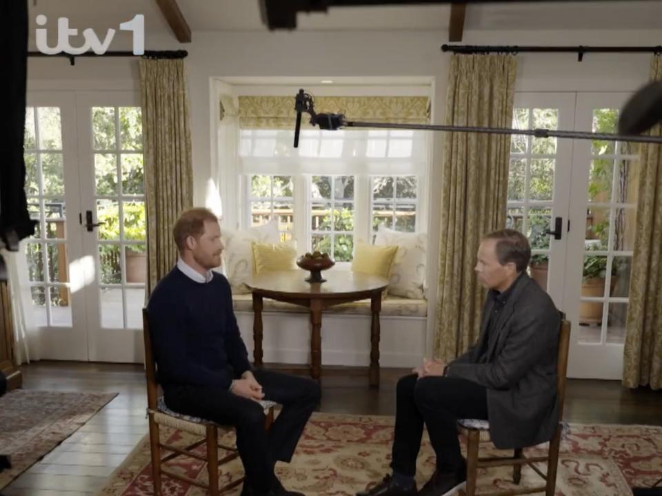 Prince Harry being interviewed by Tom Bradby at his home in Montecito, California.