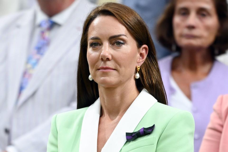 <p>Karwai Tang/WireImage</p> Kate Middleton attends Wimbledon on July 4, 2023.