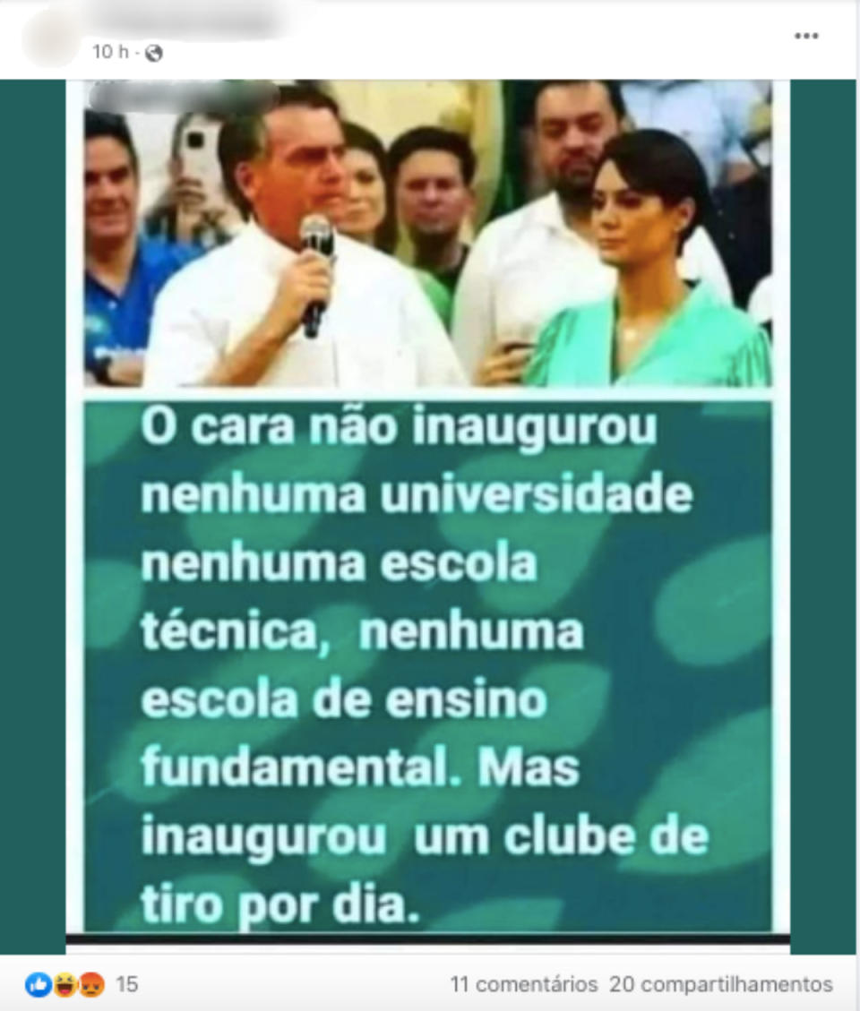 Captura de tela de uma publicação que alega que Bolsonaro não inaugurou nenhuma universidade, nenhuma escola técnica e nenhuma escola de ensino fundamental (Foto: Facebook / Reprodução)
