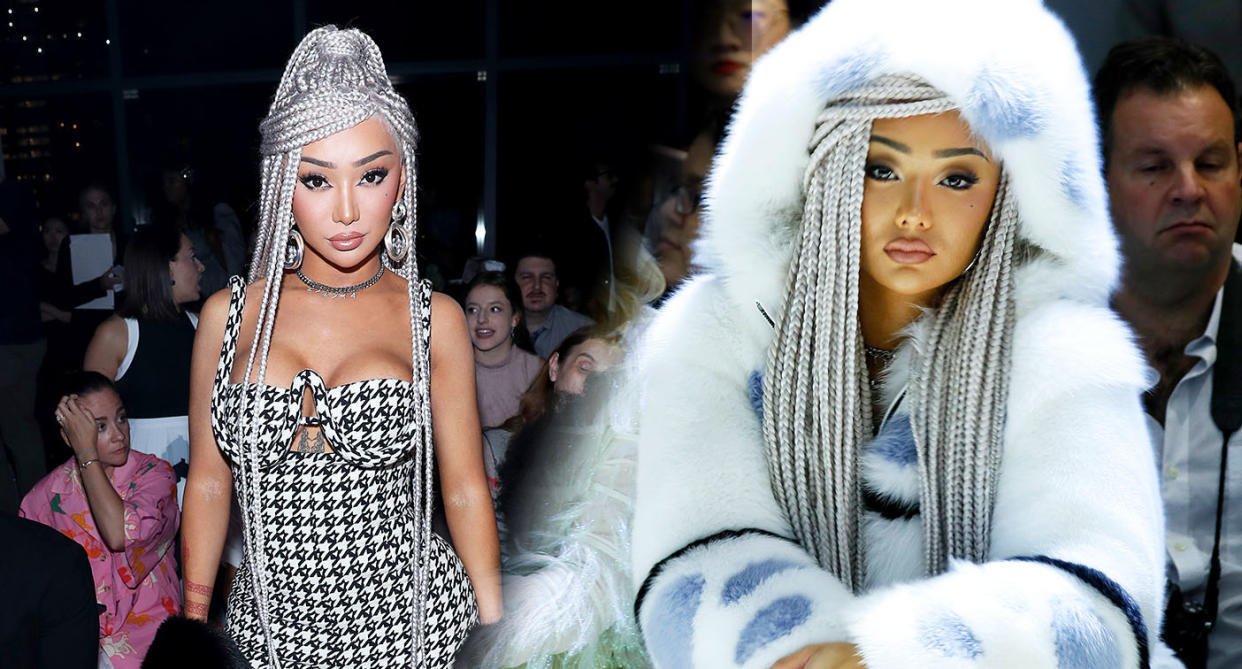 Nikita Dragun pictured at New York Fashion Week, at Vivienne Hu show (right) and at Chromat. [Photo: Getty]