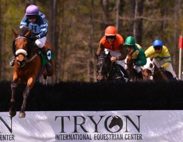 Jockeys compete in the 2018 Blockhouse Steeplechase at Tryon International Equestrian Center.