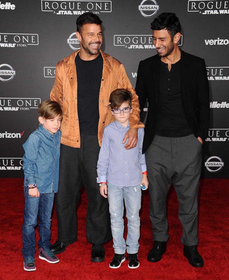 PHOTO: Ricky Martin, Jwan Yosef, and sons Matteo Martin and Valentino Martin attend the premiere of 'Rogue One: A Star Wars Story' in Hollywood, CA,  Dec. 10, 2016. (Jason Laveris/Getty Images)