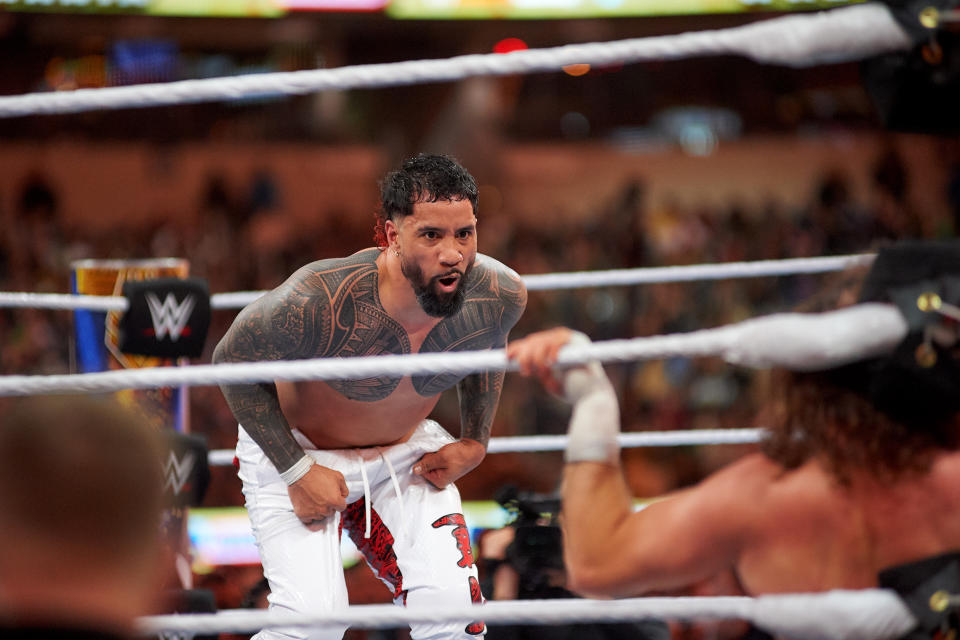 Kevin Owens and Sami Zayn wrestle The Usos for the Undisputed WWE Tag Team Championship during WrestleMania 39 at SoFi Stadium on April 01, 2023 in Inglewood, California.  (Photo courtesy of Nicole/Getty Images)