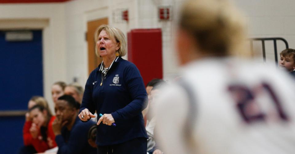 Sacred Heart’s Donna Moir coaches against Pikeville Saturday afternoon in Louisville.
Feb. 17, 2024