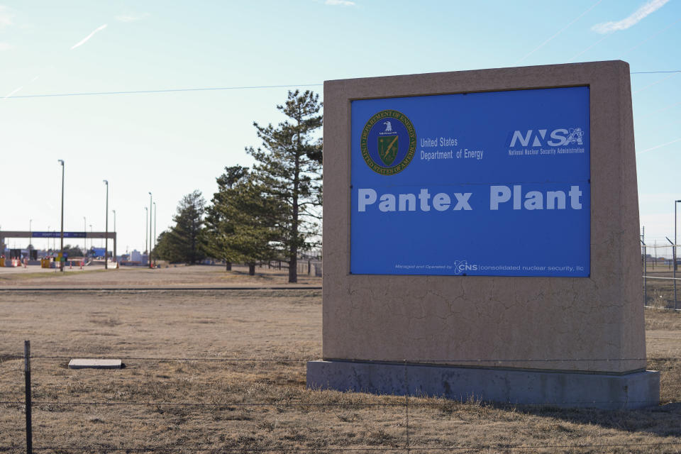 A general view shows an entrance to the Pantex Plant, Friday, March 1, 2024, in Panhandle, Texas. The plant was briefly shut down during the early part of the Smokehouse Creek Fire on Tuesday, Feb. 27. Climate change increasingly threatens research laboratories, weapons sites and power plants across the nation that handle or are contaminated with radioactive material or perform critical energy and defense research. (AP Photo/Julio Cortez)