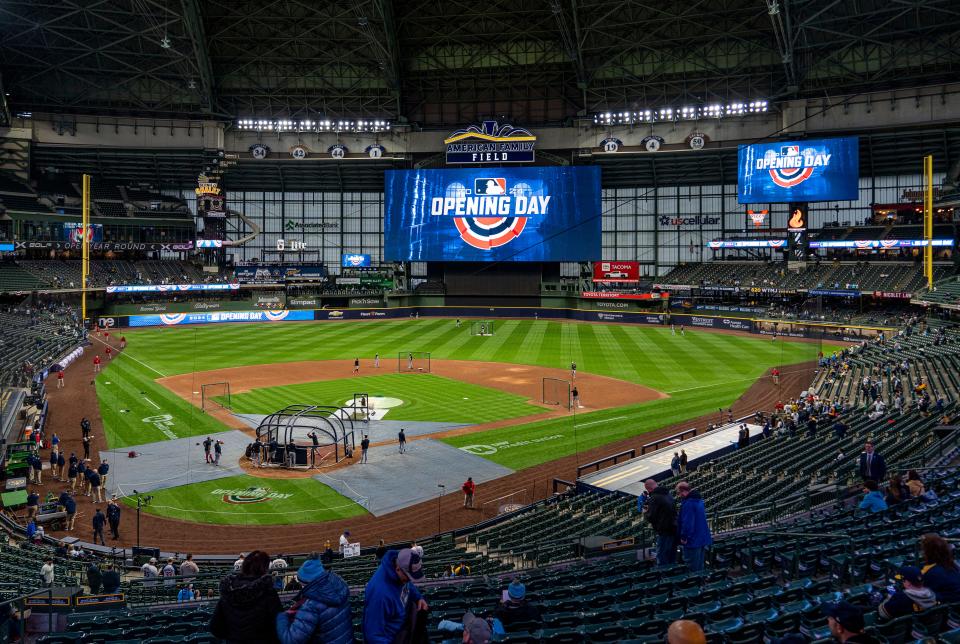 The Minnesota Twins conduct batting practice before facing off against the Milwaukee Brewers for the home opener on Tuesday April 2, 2024 at American Family Field in Milwaukee, Wis.