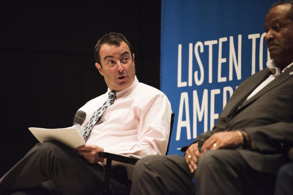 Moderator Andrew Meyer of Akron Children's Hospital speaks during the "Building a New Vision for Downtown Akron" event at the Akron Art Museum on Oct. 2.