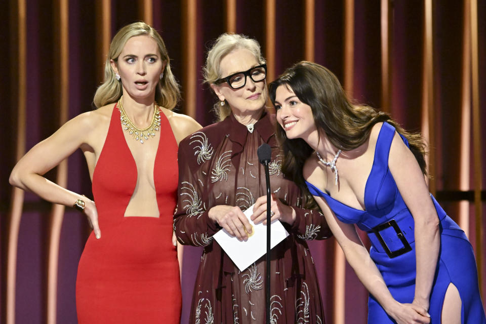 Emily Blunt, Meryl Streep, and Anne Hathaway onstage at the 2024 SAG Awards