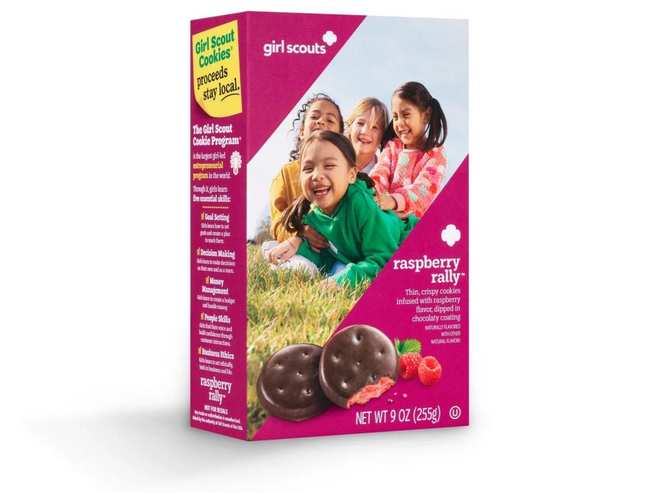 As the Girl Scouts 2023 cookie addition, the Raspberry Rally has been likened to the raspberry version of the Thin Mint, with a crispy raspberry center and chocolate-dipped exterior.