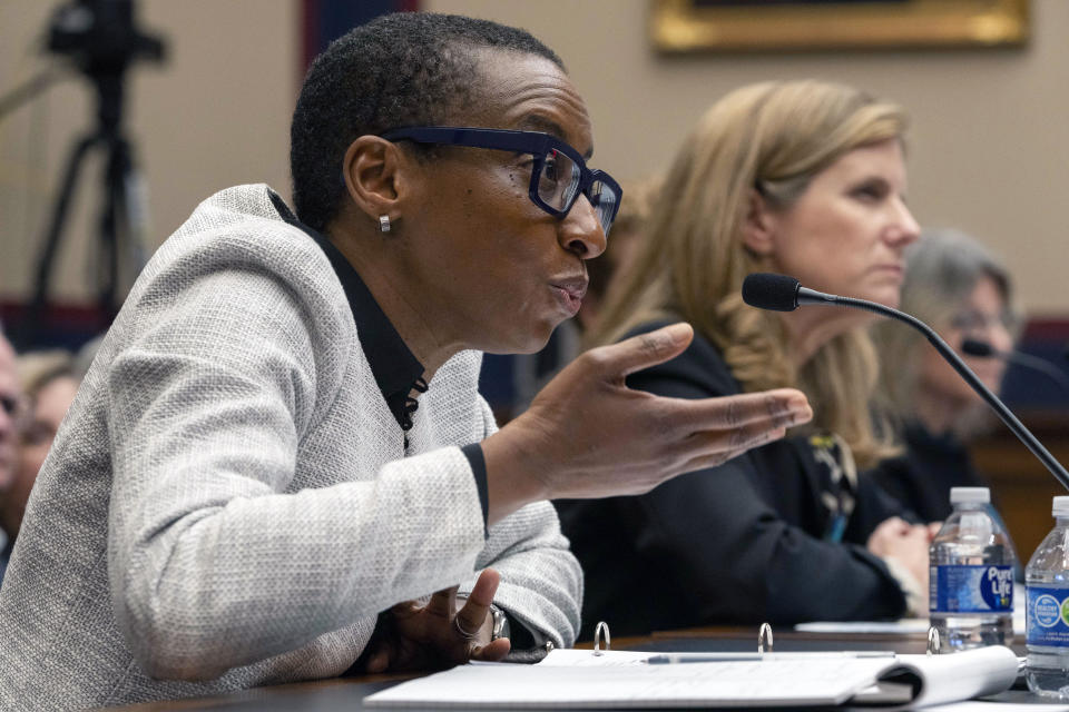 Harvard President Claudine Gay, left, speaks as University of Pennsylvania President Liz Magill listens, during a hearing of the House Committee on Education on Capitol Hill, Tuesday, Dec. 5, 2023 in Washington. (AP Photo/Mark Schiefelbein)