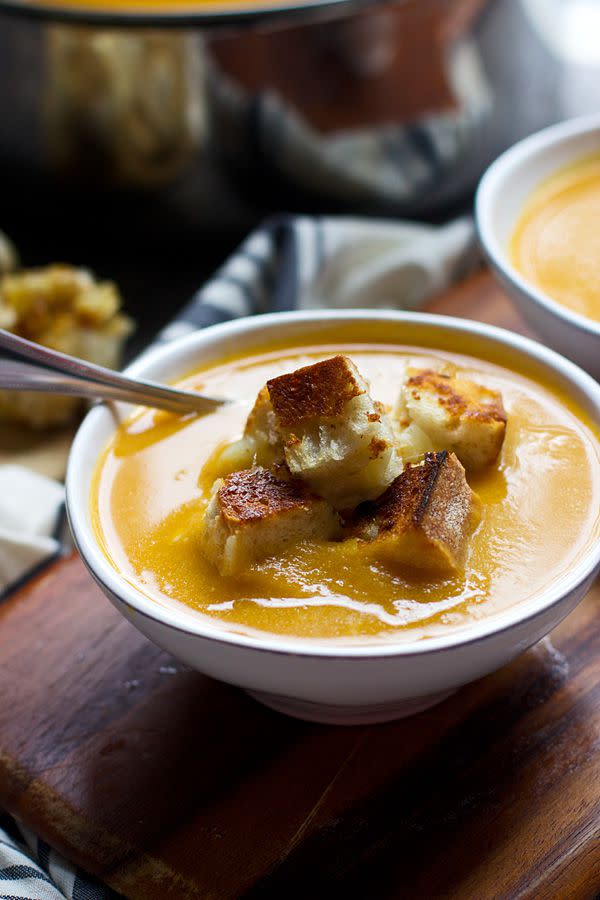 Butternut Squash, Apple Cider and Cheddar Soup with Grilled Cheese Croutons