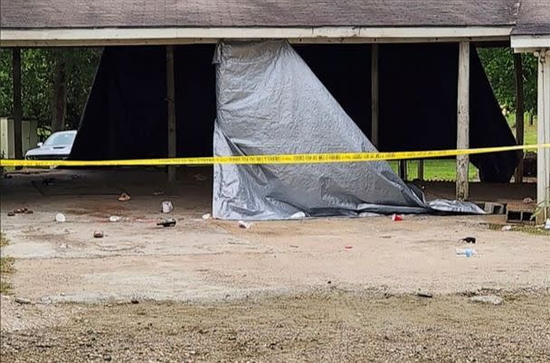 PHOTO: In this photo provided by KJAS, crime scene tape cordons off the scene of a shooting at a prom after-party, April 23, 2023, in Jasper, Texas. (Mike Lout/KJAS, Jasper, Texas via AP)