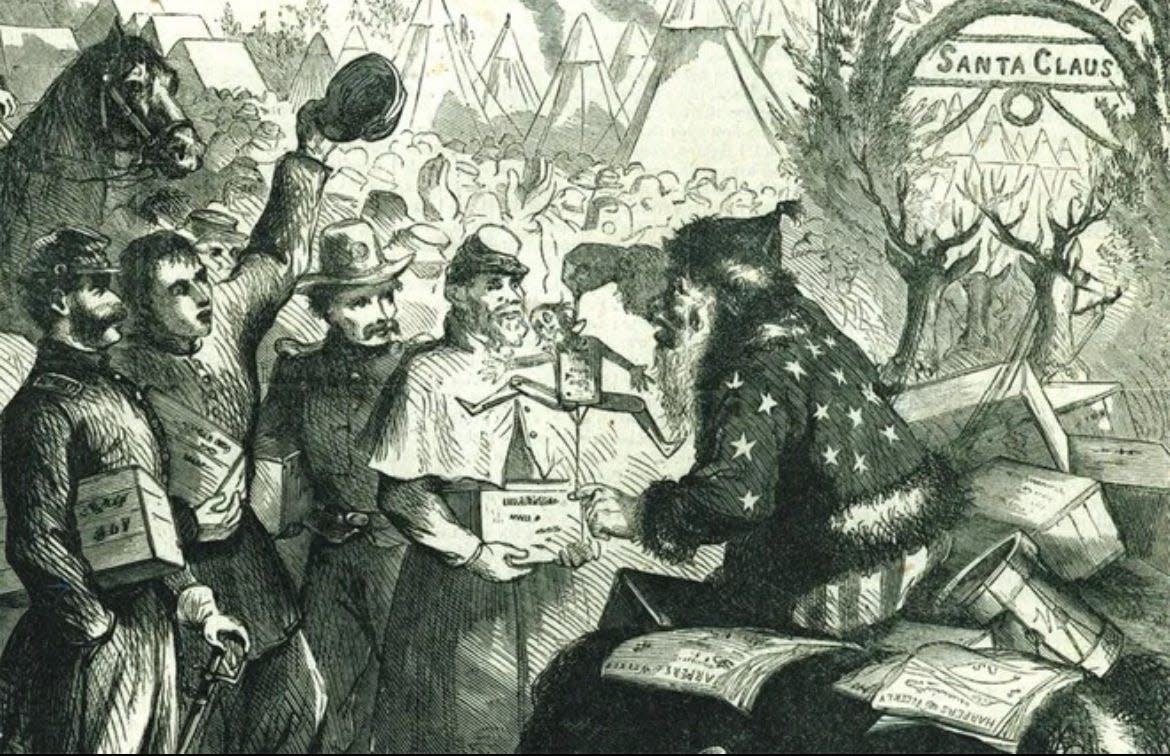 This drawing by cartoonist Thomas Nast for the front page of an 1863 issue of the newspaper Harper's Weekly, called "Santa Claus in Camp," is among the first images of the "modern" Santa Claus, depicted distributing gifts to Union soldiers from a reindeer-drawn sleigh.