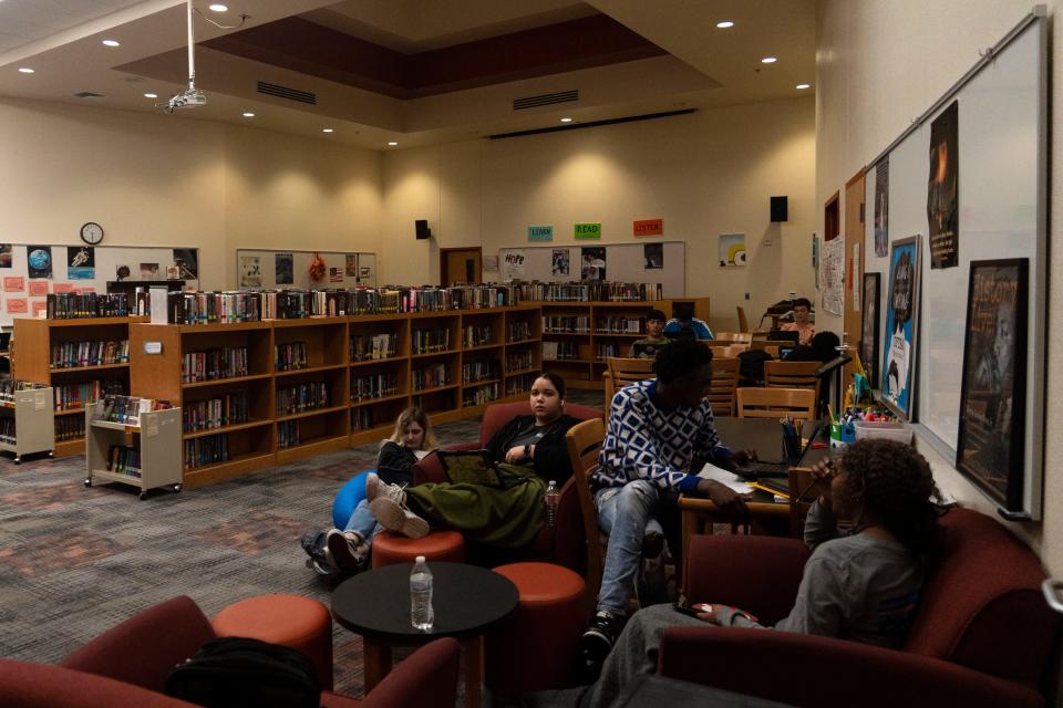 Hutto High School students sit in the lecture hall and temporary library after the band class was moved into the library last year. The Hutto district had a 25.4% turnover rate in the 2022-23 school year, slightly higher than the statewide rate of 21.4%.