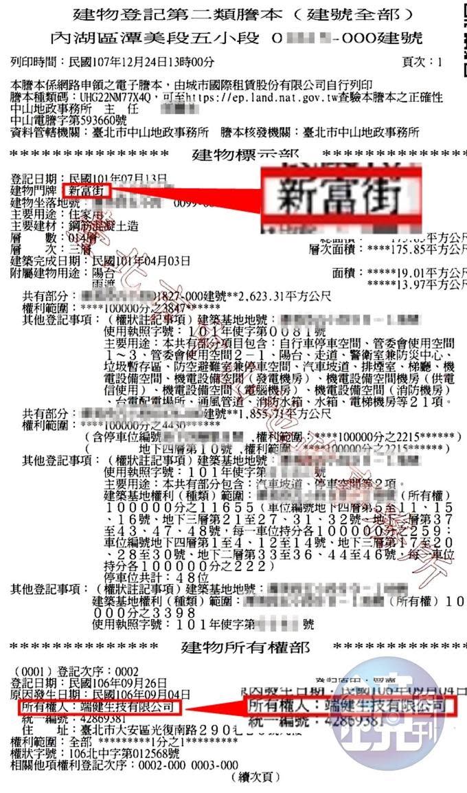 本刊取得建物謄本顯示，貴婦奈奈透過她擔任董事長的端健生技公司名義，持有內湖豪宅，檢調正在過濾買屋資金是否與吸金詐騙案有關。（讀者提供）