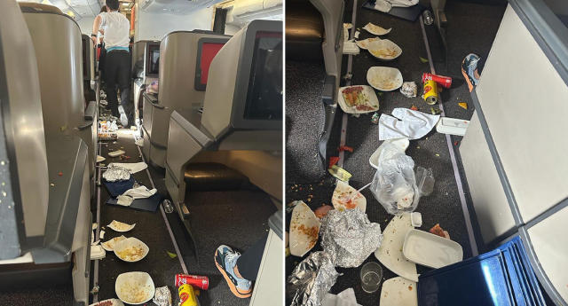 Food, plates and wrappers all over the plane&#39;s aisle and chairs.