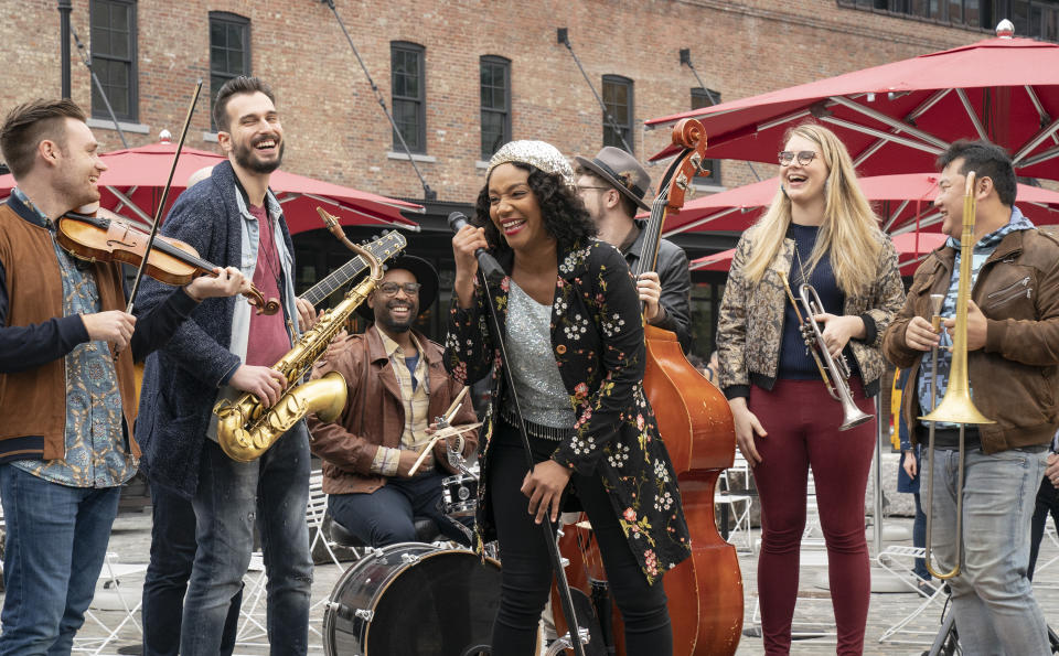 This image released by Sony Pictures shows Tiffany Haddish, center, in a scene from "Here Today." (Cara Howe/Sony Pictures via AP)