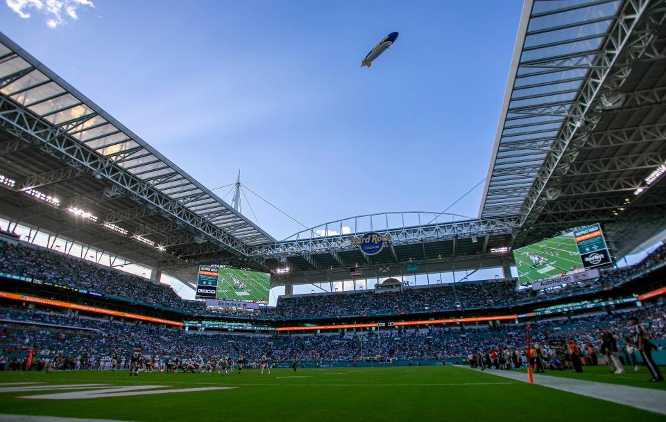 Goodyear blimp flying over Hard Rock stadium during NFL action Sunday November 13, 2022 at Hard Rock Stadium in Miami Gardens.