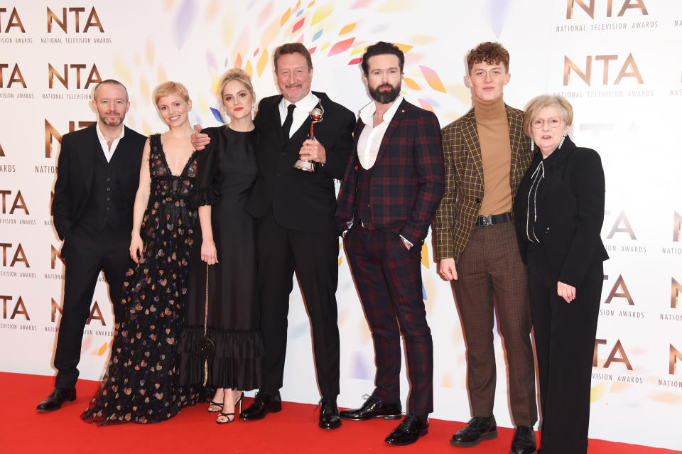 Anthony Byrne, Kate Phillips, Sophie Rundle, Steven Knight, Emmett J. Scanlan, Harry Kirton and guest, accepting the Best Drama award for "Peaky Blinders", pose in the winners room at the National Television Awards 2020 at The O2 Arena on January 28, 2020 in London, England. (Photo by David M. Benett/Dave Benett/Getty Images)