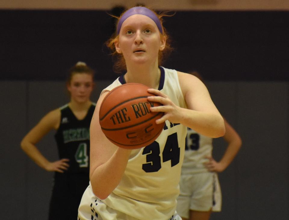 Alexis Kress attempts a free throw for the Little Falls Mounties during a Jan. 31 game against Herkimer. Kress is the most experienced player back from a Little Falls team that went unbeaten to Section III's Class B semifinals last year.